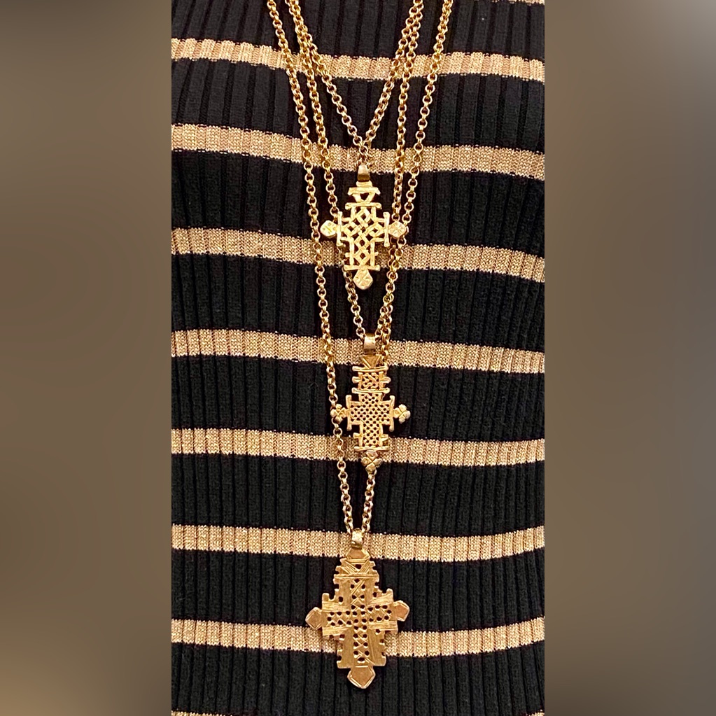 Long Vintage Necklace Of Three Gold Crosses